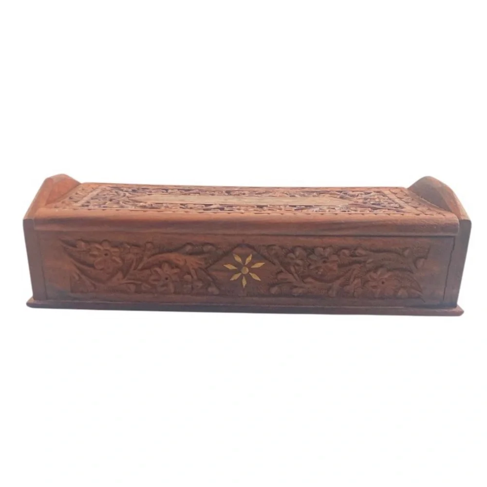 Vintage Ornate Indian Wooden Box Carved Floral Gold Paint Jewelry Trinket Holder